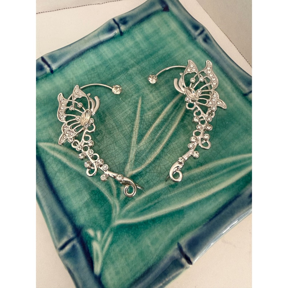 Silver-Tone Rhinestone Butterfly Elf Ear Cuffs (Pair)